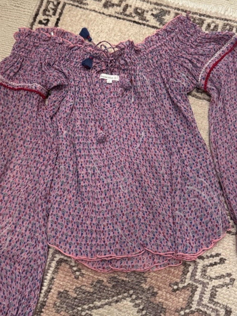Poupette St. Barth 100% Silk Peasant Blouse | Pink Floral | Size Small